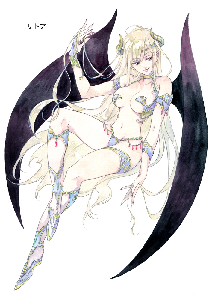 1girl agahari arm_at_side armlet armor bangs bare_shoulders bikini_armor black_wings blonde_hair boots bridal_gauntlets collarbone curled_horns demon_girl demon_horns demon_wings fingernails full_body gem groin hand_in_hair hand_up head_tilt holding holding_hair horns invisible_chair knee_up leaning_to_the_side long_hair looking_at_viewer lost_technology navel non-web_source plantar_flexion pointy_ears red_eyes revealing_clothes sharp_fingernails sideways_glance simple_background sitting sitting_on_hair smile solo thighlet very_long_hair white_background wings