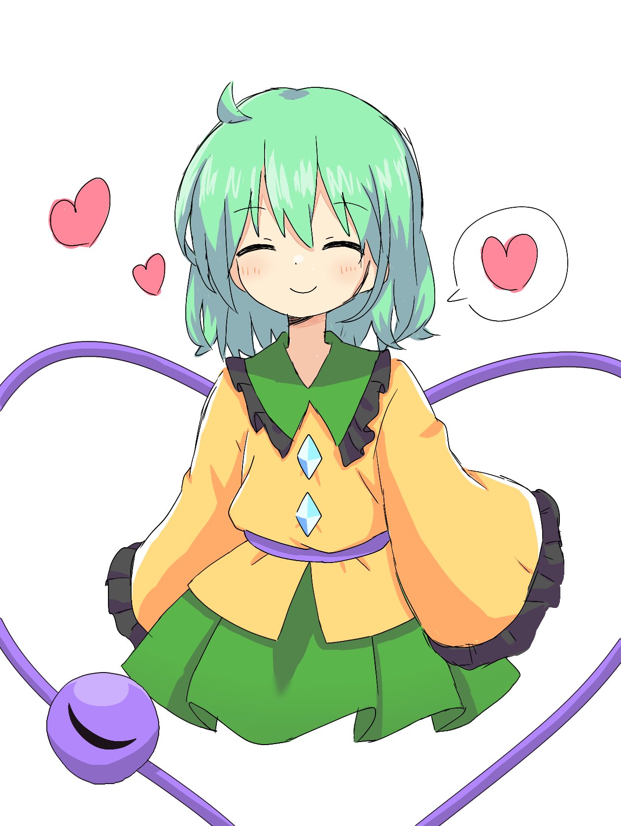 1girl ^_^ ahoge bangs blouse blush buttons closed_eyes closed_mouth collared_blouse cropped_legs diamond_button eyeball eyebrows_visible_through_hair facing_viewer frilled_shirt_collar frilled_sleeves frills green_hair green_skirt heart heart_of_string highres kiseeeei komeiji_koishi long_sleeves medium_hair no_hat no_headwear shiny shiny_hair simple_background skirt sleeves_past_fingers sleeves_past_wrists smile solo speech_bubble spoken_heart symbol-only_commentary third_eye touhou wavy_hair white_background wide_sleeves yellow_blouse