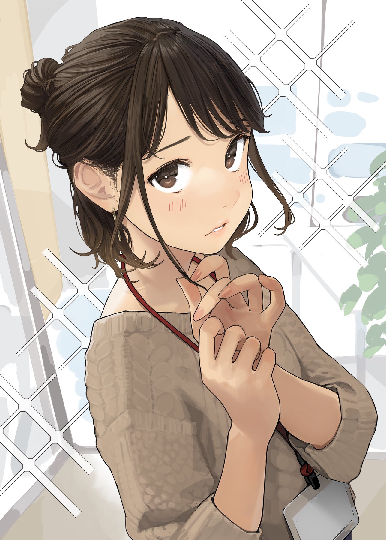 1girl bangs blush brown_eyes brown_hair brown_sweater commentary_request douki-chan_(douki-chan) earrings fingernails ganbare_douki-chan hair_bun highres id_card jewelry lanyard long_sleeves looking_at_viewer parted_lips shirt solo sweater yomu_(sgt_epper)