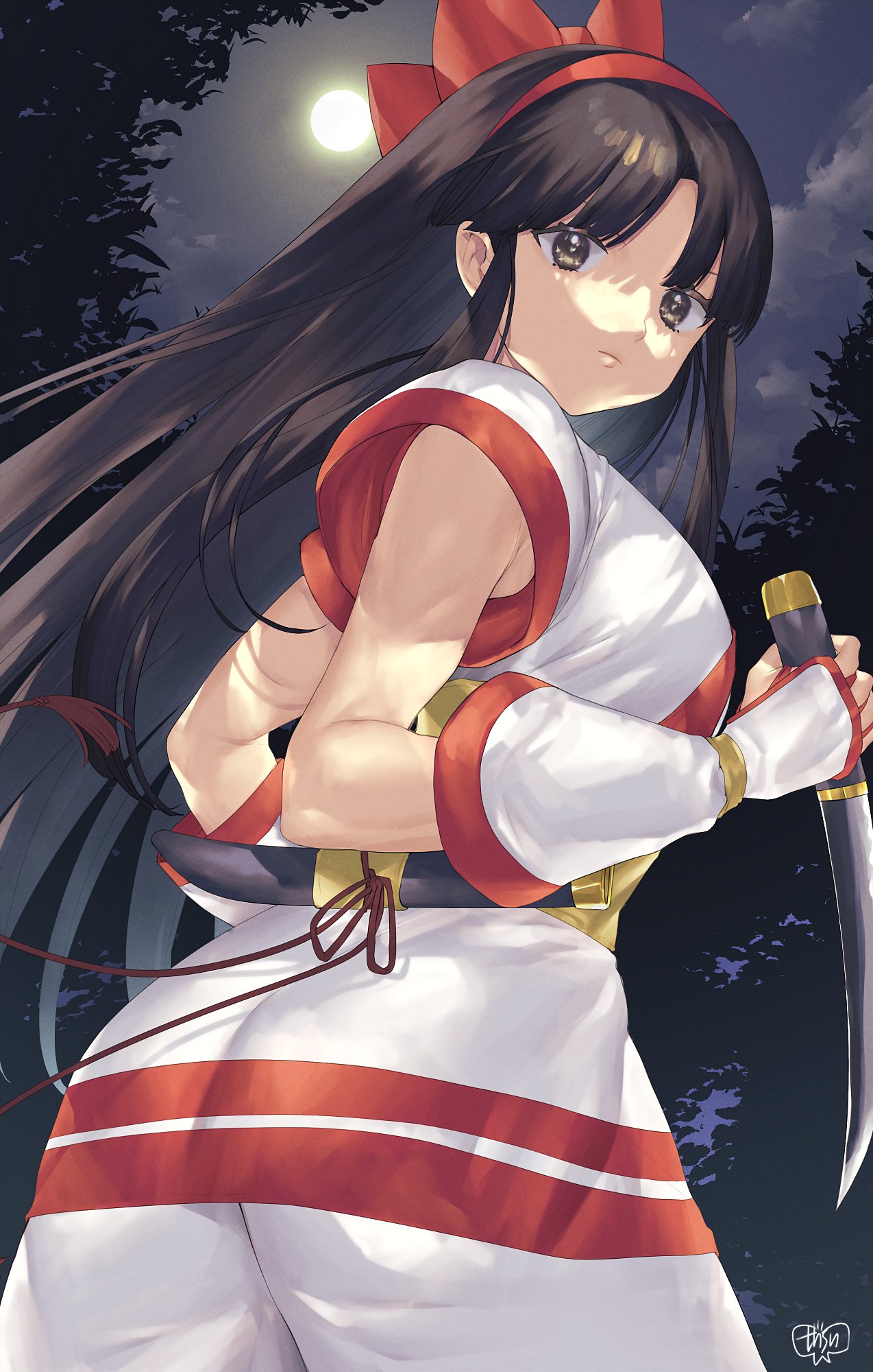 1girl ainu_clothes black_hair bow breasts closed_mouth clouds fingerless_gloves gloves hair_bow hairband highres knife long_hair looking_at_viewer murata_tefu nakoruru red_bow samurai_spirits solo tree weapon