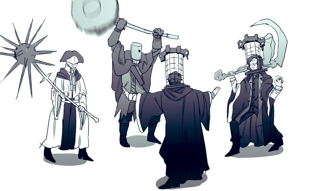 1girl 3boys arms_up ascot bloodborne cage capelet character_request cloak coat commentary_request facing_another from_behind full_body glasses gloves hands_up happy hat helm helmet holding holding_scythe holding_weapon jacket jurassic_world kureson_(hayama_baa) layered_sleeves long_sleeves looking_at_another mace mask mensis_cage micolash_host_of_the_nightmare monochrome motion_blur mouth_mask multiple_boys open_clothes open_coat outstretched_arms pants prattkeeping saw_blade scythe shirt shoes short_hair simple_background sketch smile spiked_mace spikes spread_arms standing valtr_(bloodborne) weapon white_background wide_sleeves yurie_the_last_scholar