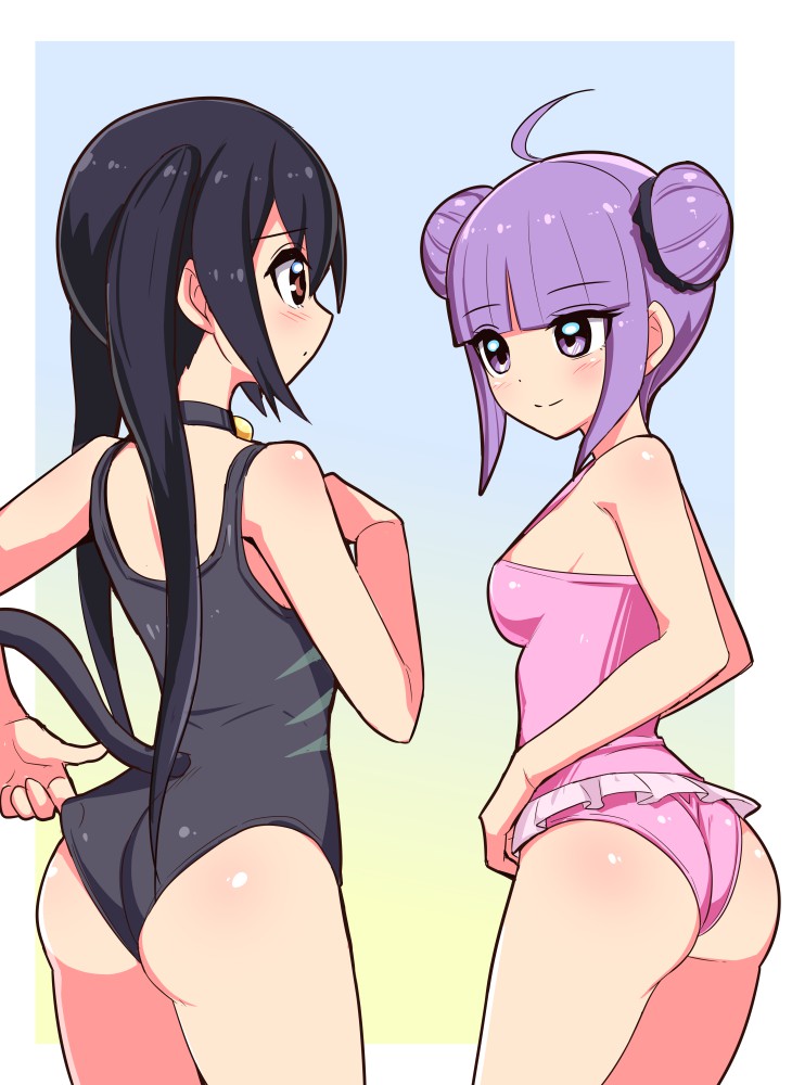 2girls ahoge ass black_hair blush breasts closed_mouth cougar_(cougar1404) english_commentary k-on! long_hair multiple_girls nakano_azusa purple_hair short_hair simple_background smile sophie_(tales) swimsuit tail tales_of_(series) tales_of_graces twintails