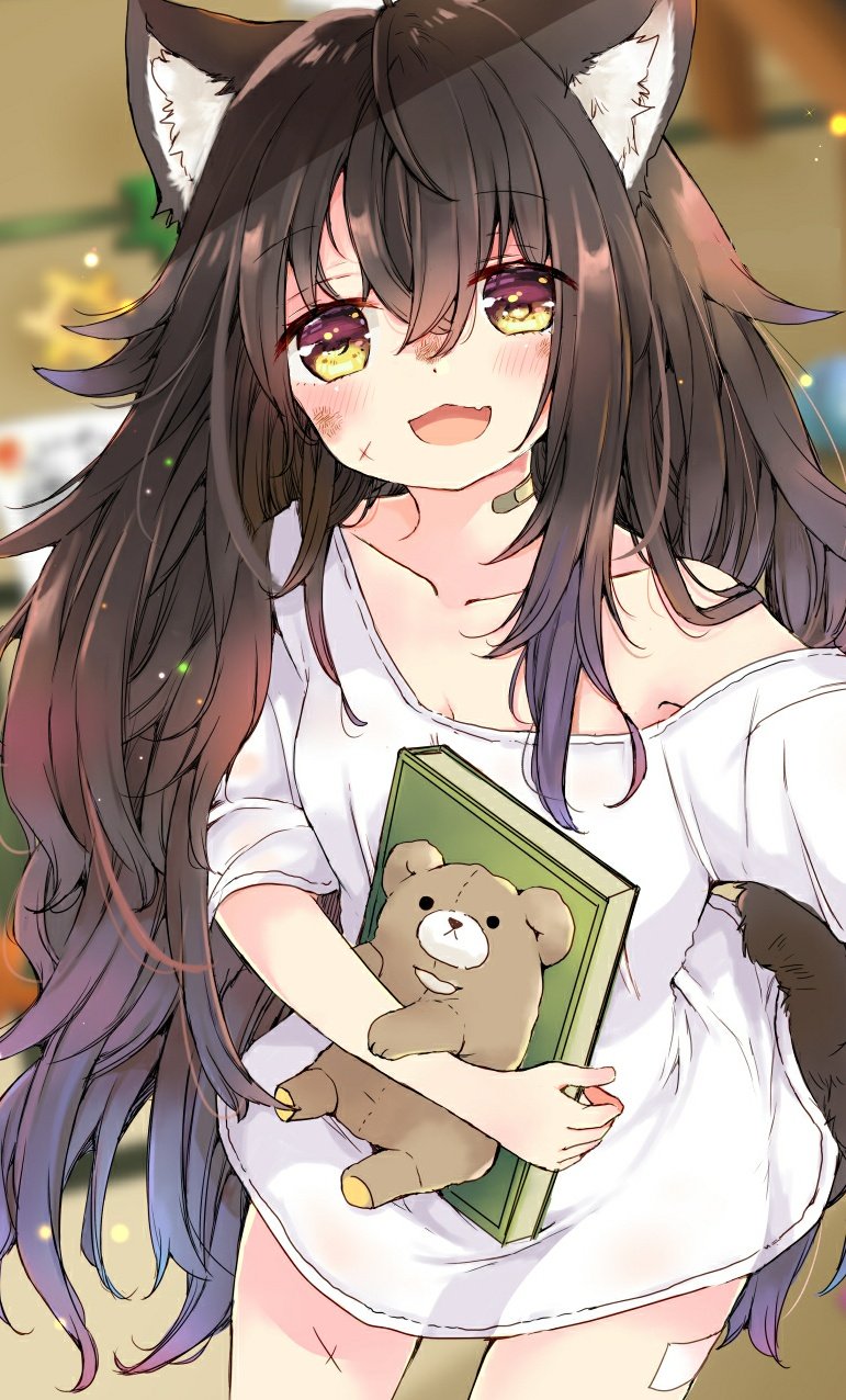 1girl animal_ear_fluff animal_ears bandaid bandaid_on_neck bandaid_on_thigh black_hair book dirty dog_ears dog_girl dog_tail highres long_hair looking_at_viewer messy_hair mito_(go!go!king!) no_pants object_hug off_shoulder open_mouth original shirt smile solo stuffed_animal stuffed_toy t-shirt tail teddy_bear thighs very_long_hair white_shirt