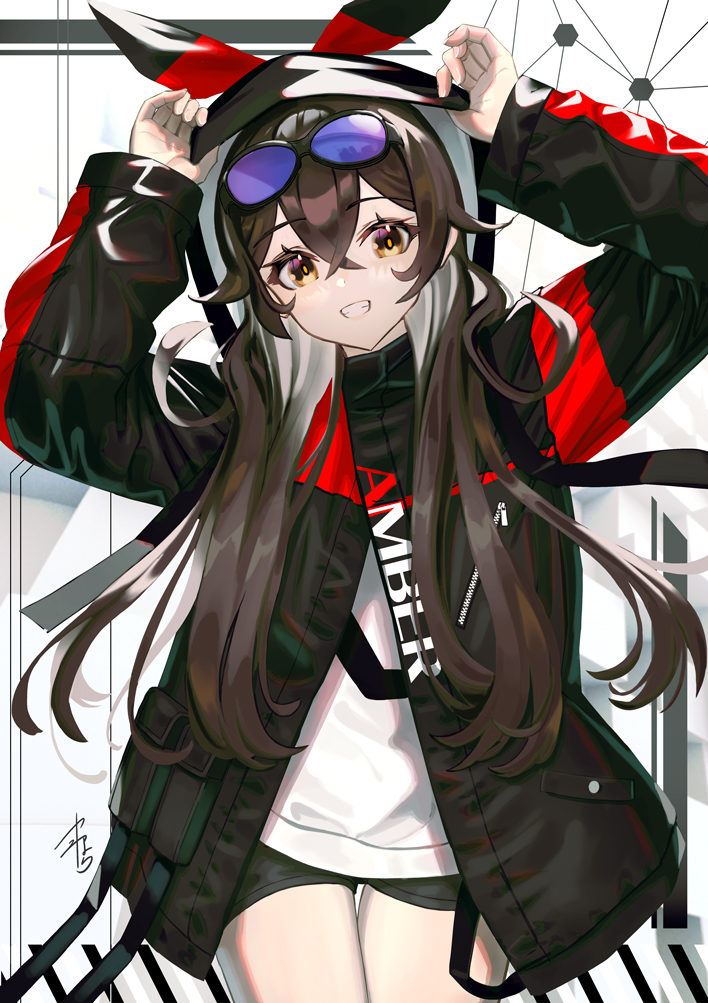 1girl adjusting_hood amber_(genshin_impact) arms_up bangs black_jacket black_shorts blue-tinted_eyewear bow brown_hair character_name clothes_writing commentary_request cowboy_shot crossed_bangs eyewear_on_head genshin_impact grin hood hood_up hooded_jacket jacket long_hair looking_at_viewer red_bow shirt shorts sidelocks smile solo tinted_eyewear very_long_hair white_shirt yamahara yellow_eyes zipper