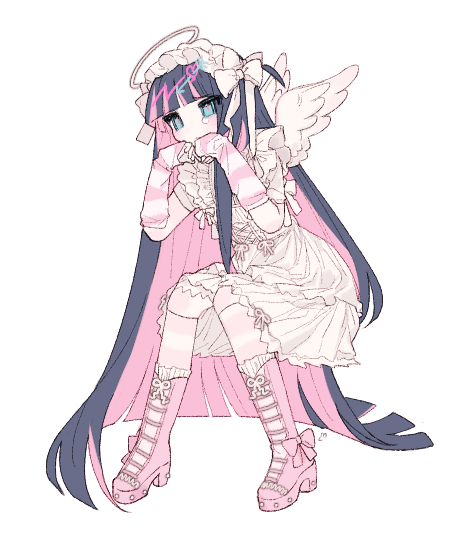1girl arm_warmers bangs blue_eyes blue_hair boots bow colored_inner_hair commentary_request dress footwear_bow frilled_dress frills hair_bow hairband halo high_heels knee_boots kneehighs lolita_hairband long_hair multicolored_hair panty_&amp;_stocking_with_garterbelt pink_bow pink_footwear pink_hair pink_legwear platform_footwear ribbon short_sleeves sidelocks solo stocking_(psg) striped striped_arm_warmers striped_legwear tears u_emper very_long_hair white_bow white_dress white_legwear white_ribbon white_wings wings