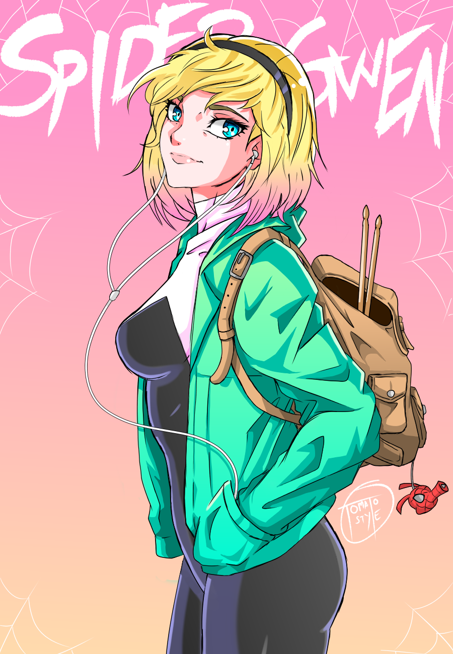 1girl aqua_eyes backpack blonde_hair blue_eyes bodysuit breasts character_name cowboy_shot drumsticks earbuds english_text female gradient_background gradient_hair gwen_stacy hairband hands_in_pockets jacket looking_at_viewer marvel medium_breasts pink_hair signature solo spider-gwen spider-man_(series) spider_web text tomatostyles two_tone_hair