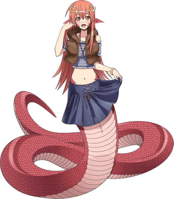 1girl artist_request bangs bare_shoulders bracelet facial_mark full_body hair_between_eyes hair_ornament jewelry lamia long_hair midriff miia_(monster_musume) monster_girl monster_musume_no_iru_nichijou monster_musume_no_iru_nichijou_online navel necklace official_art open_mouth orange_hair pointy_ears scales shirt skirt slit_pupils solo striped striped_shirt transparent_background vest yellow_eyes