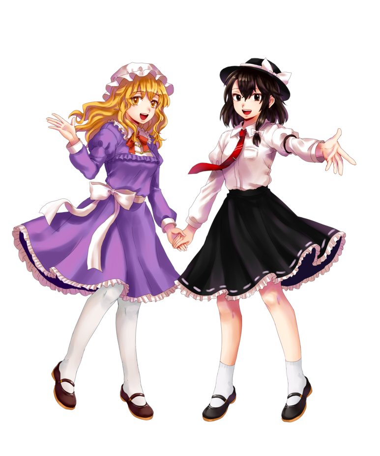 2girls arm_belt black_eyes black_footwear black_hair black_headwear black_skirt blonde_hair bow bowtie breasts brown_footwear collared_dress collared_shirt commentary_request dress fedora frilled_dress frilled_skirt frills full_body happy hat hat_bow holding_hands juliet_sleeves korean_commentary kuya_(hey36253625) long_hair long_sleeves looking_at_viewer maribel_hearn mary_janes medium_hair mob_cap multiple_girls necktie open_mouth outstretched_arm pantyhose pocket puffy_sleeves purple_dress red_bow red_bowtie red_necktie sash shirt shoes simple_background skirt small_breasts socks standing tie_clip touhou usami_renko white_background white_bow white_headwear white_legwear white_sash white_shirt yellow_eyes