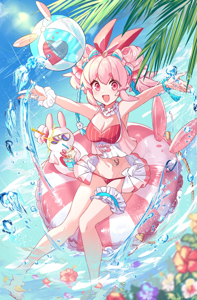1girl ball bangs beach beachball cup double_bun drinking_glass drinking_straw flower frilled_swimsuit frills highres indie_virtual_youtuber macchoko open_mouth pink_eyes pink_hair rabbit ryuhyo_rione solo sunglasses swimsuit virtual_youtuber water water_drop