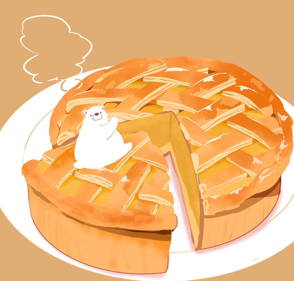 animal apple_pie bear chai_(drawingchisanne) commentary_request dessert food food_focus looking_at_viewer no_humans original pie pie_slice plate polar_bear signature simple_background sitting_on_food steam undersized_animal