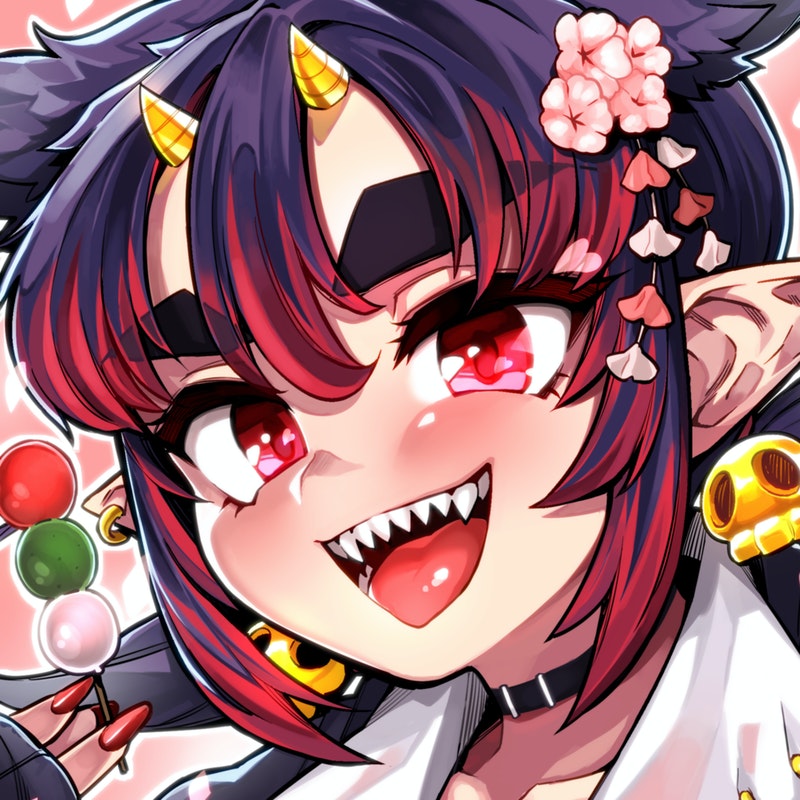 bangs blue_hair blush character_request choker close-up commentary_request copyright_request earrings eyebrows_visible_through_hair flower food fukumaaya hair_between_eyes hair_flower hair_ornament heart holding holding_food horns jewelry looking_at_viewer medium_hair multicolored_hair open_mouth outline pink_background pointy_ears red_eyes red_nails redhead sharp_teeth sidelocks solo teeth thick_eyebrows tongue two-tone_hair white_outline