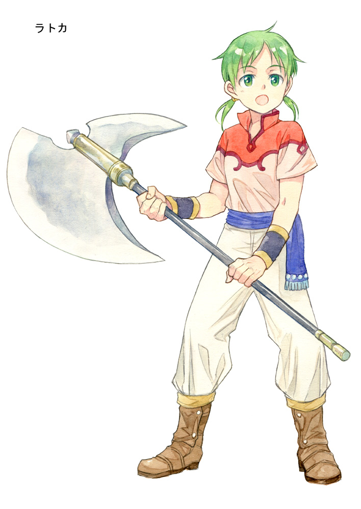 1girl agahari arm_guards axe bangs boots brown_footwear child full_body green_eyes green_hair holding holding_axe holding_polearm holding_weapon legs_apart looking_afar lost_technology low_twintails non-web_source open_mouth pants polearm popped_collar sash short_sleeves simple_background solo standing twintails two-handed weapon white_background white_pants