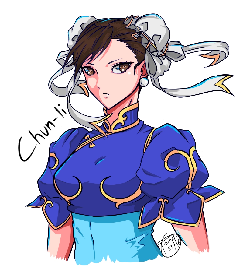 1girl blank_stare brown_eyes brown_hair bun_cover capcom character_name chinese_clothes chun-li double_bun english_text female hair_bun hair_ribbon looking_at_viewer puffy_sleeves signature simple_background solo street_fighter text tomatostyles upper_body white_background