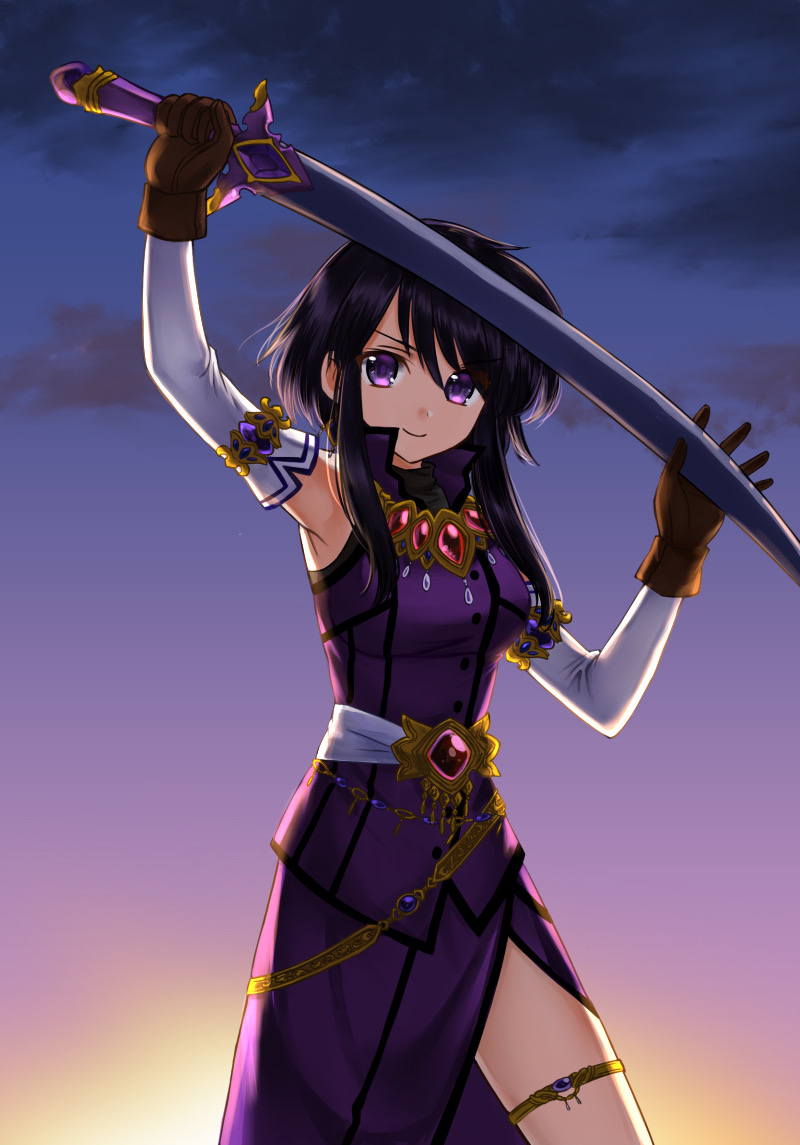 1girl 74 bangs black_hair brown_gloves dress eyebrows_visible_through_hair fire_emblem fire_emblem:_genealogy_of_the_holy_war gloves hair_between_eyes holding holding_sword holding_weapon larcei_(fire_emblem) looking_at_viewer purple_dress side_slit sidelocks smile solo sword violet_eyes weapon