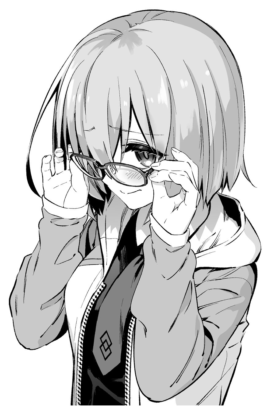 1girl bangs breasts closed_mouth dress fate/grand_order fate_(series) glasses greyscale hair_over_one_eye highres hiroyama_hiroshi jacket large_breasts long_sleeves looking_at_viewer mash_kyrielight monochrome necktie open_clothes open_jacket short_hair solo