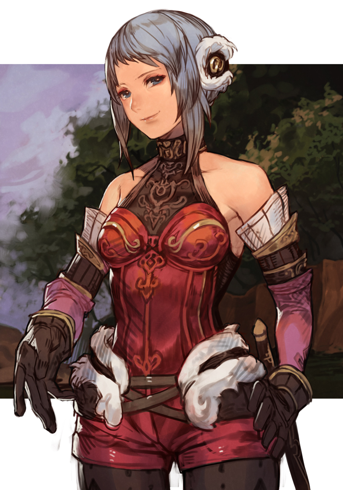 1girl arciela_v_adoulin bare_shoulders breasts brown_gloves closed_mouth cowboy_shot final_fantasy final_fantasy_xi gloves grey_hair hankuri short_hair smile solo