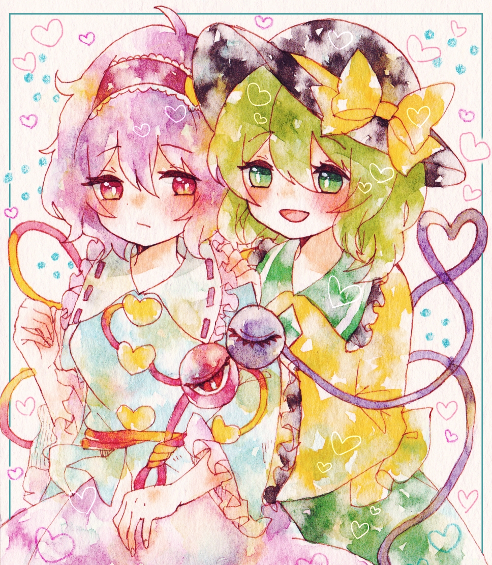 2girls :/ :d ahoge black_headwear blouse blue_blouse blush bow bright_pupils buttons closed_mouth cowboy_shot diamond_button eyebrows_visible_through_hair frilled_shirt_collar frilled_sleeves frills green_eyes green_hair green_skirt hair_between_eyes hair_ornament hairband hands_on_another's_shoulders hat hat_bow heart heart_button heart_hair_ornament heart_of_string komeiji_koishi komeiji_satori long_sleeves looking_at_another medium_hair multiple_girls open_mouth painting_(medium) pink_eyes pink_hair pink_skirt red_eyes red_hairband ribbon_trim ringo_(gatt8883) siblings sisters skirt smile third_eye touhou traditional_media watercolor_(medium) white_pupils wide_sleeves yellow_blouse yellow_bow