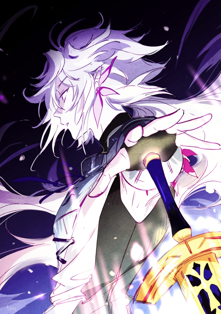 1boy androgynous bishounen black_background facing_to_the_side fate/grand_order fate_(series) heeparang long_hair looking_to_the_side merlin_(fate) messy_hair multicolored_background pale_skin purple_background saber_(weapon) sword violet_eyes weapon white_hair