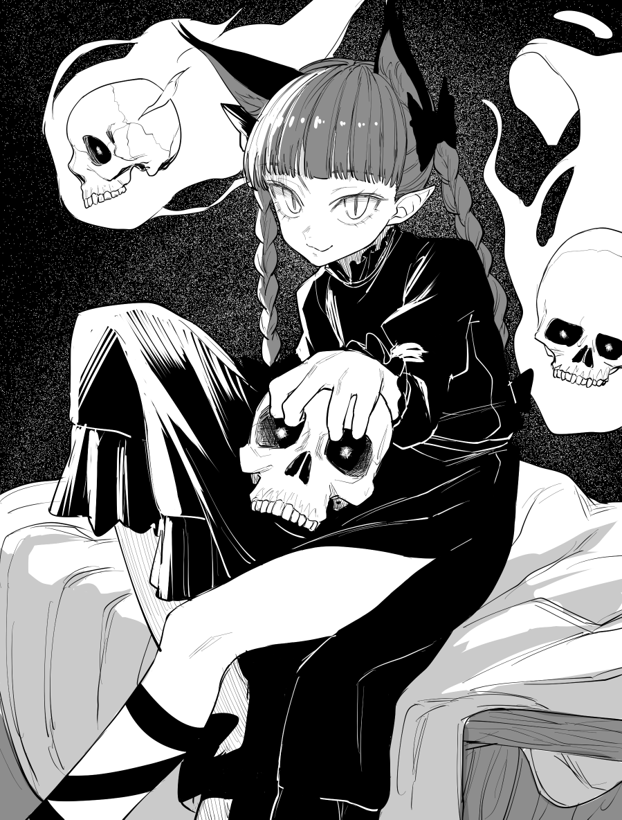 1girl animal_ears bangs blunt_bangs bow braid cat_ears closed_mouth commentary dress extra_ears eyebrows_behind_hair feet_out_of_frame frilled_dress frills greyscale hair_bow holding holding_skull kaenbyou_rin leg_ribbon leg_up long_hair looking_at_viewer monochrome nekomata pointy_ears ribbon rion_(glayjirobass) skull slit_pupils smile solo touhou twin_braids wheelbarrow
