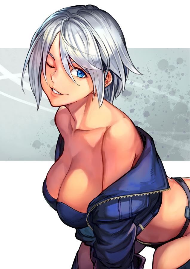1girl angel_(kof) bangs blue_eyes bra breasts chaps cropped_jacket hair_over_one_eye hinoru_saikusa jacket large_breasts leather leather_jacket lips looking_at_viewer off_shoulder one_eye_closed open_clothes open_jacket snk solo strapless strapless_bra the_king_of_fighters the_king_of_fighters_xiv the_king_of_fighters_xv underwear white_hair