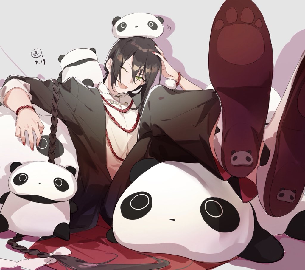 1boy alternate_hairstyle animal_print bangs bear_print black_hair black_pants braid chinese_clothes closed_mouth commentary e_(h798602056) fate/grand_order fate_(series) green_eyes hair_between_eyes hand_on_head jacket long_hair looking_at_viewer lying male_focus official_alternate_costume one_eye_closed panda panda_print pants reclining red_nails smile solo stuffed_animal stuffed_toy tangzhuang teddy_bear very_long_hair yan_qing_(fate) yan_qing_(traveling_outfit)_(fate)
