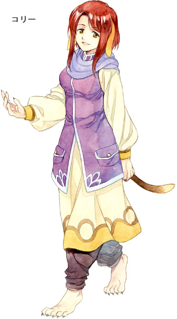 1girl agahari animal_ears arm_at_side barefoot black_pants breasts brown_eyes character_request digitigrade dog_ears dog_girl dog_tail dress fingernails full_body long_sleeves looking_at_viewer lost_technology non-web_source outstretched_hand pants pocket puffy_long_sleeves puffy_sleeves purple_scarf purple_vest redhead scarf sharp_fingernails sharp_toenails short_hair_with_long_locks sidelocks simple_background smile solo tail toenails vest walking white_background yellow_dress