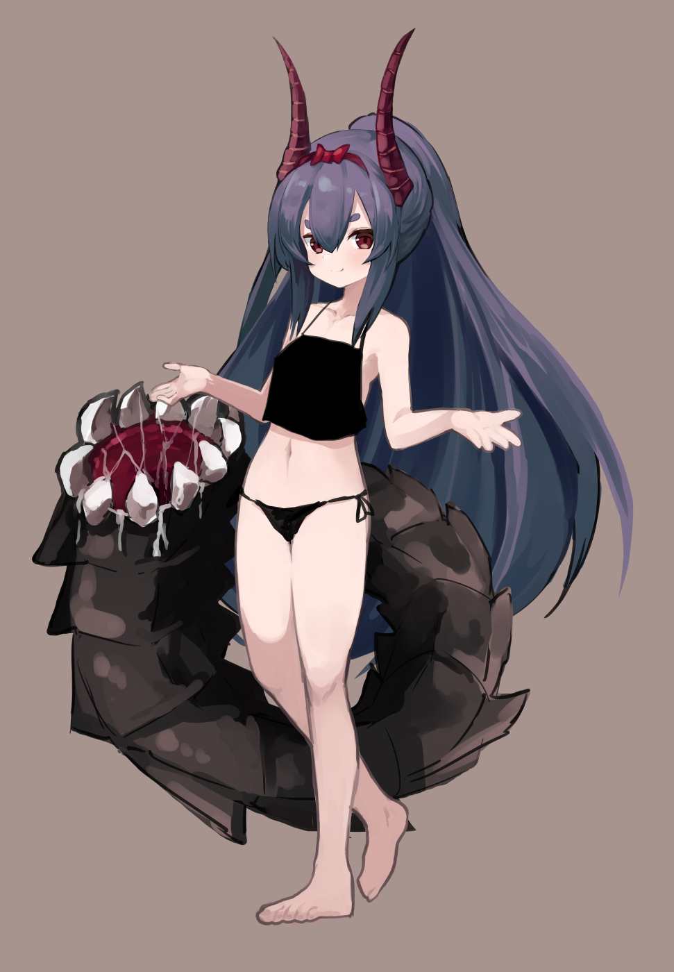 1girl bangs bare_legs bare_shoulders barefoot black_camisole black_hair black_panties bow brown_background camisole closed_mouth collarbone full_body hair_between_eyes hair_bow hairband hands_up highres horns long_hair navel noa_(nagareboshi) original panties ponytail red_bow red_eyes red_hairband saliva sharp_teeth short_eyebrows side-tie_panties sidelocks simple_background smile solo standing standing_on_one_leg teeth thick_eyebrows underwear underwear_only very_long_hair white_background