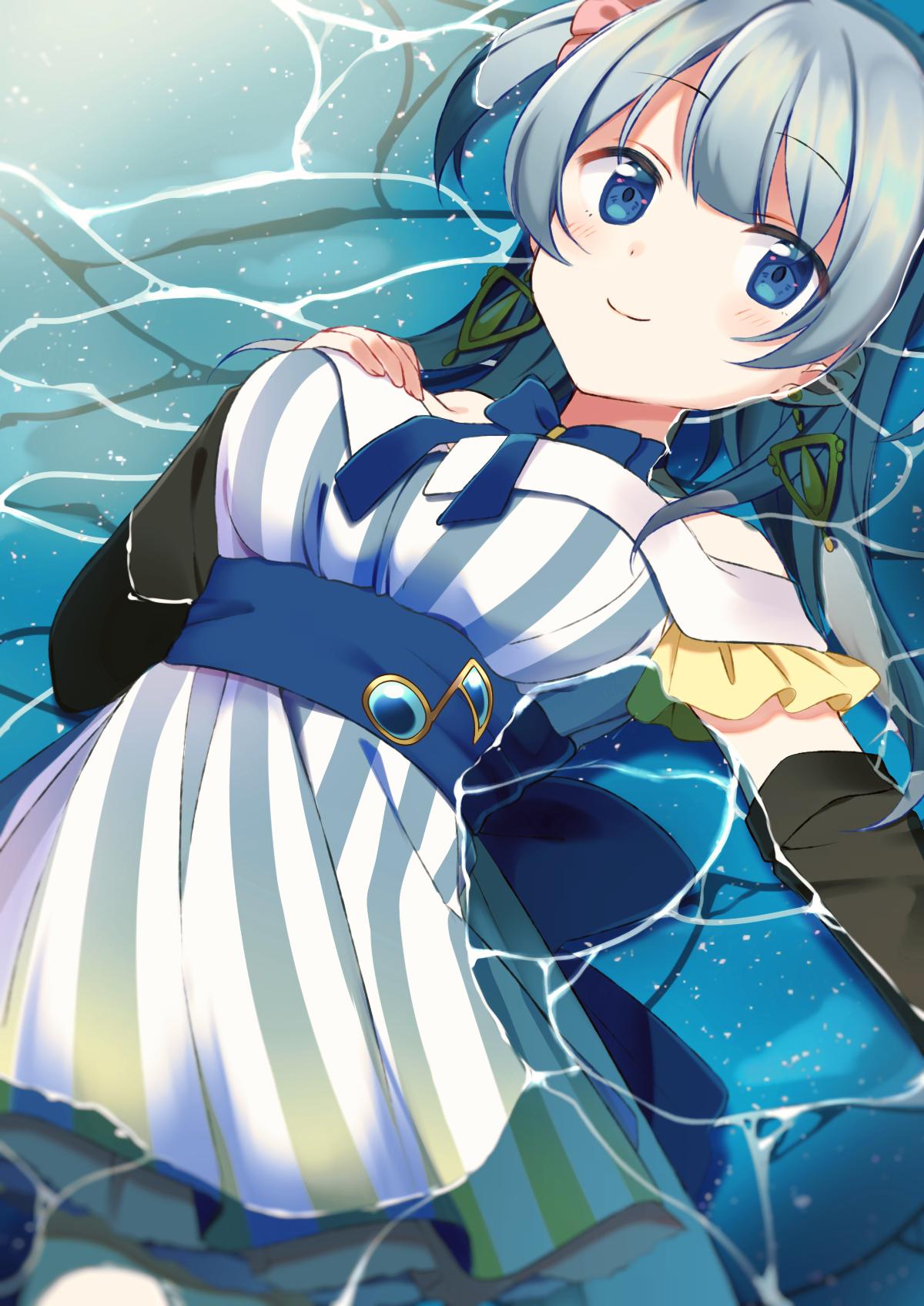 1girl bangs blue_eyes blunt_bangs dress earrings fujishiro_emyu highres jewelry light_blue_hair lying magia_record:_mahou_shoujo_madoka_magica_gaiden magical_girl mahou_shoujo_madoka_magica minami_rena off-shoulder_dress off_shoulder on_back ribbon shallow_water smile solo soul_gem water