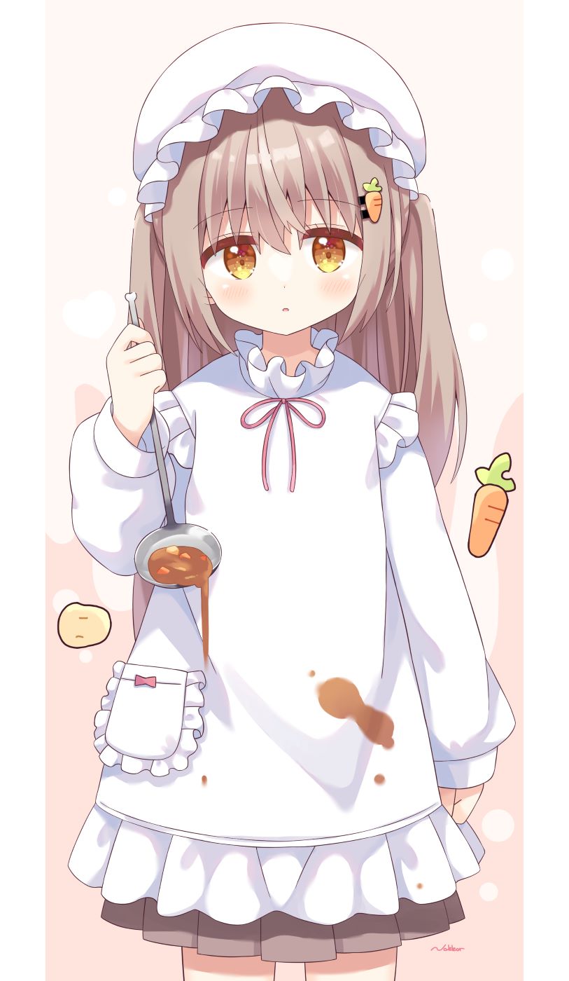 1girl :o apron bangs blush brown_eyes brown_hair brown_skirt carrot_hair_ornament commentary_request eyebrows_visible_through_hair food food-themed_hair_ornament food_on_clothes hair_between_eyes hair_ornament hairclip highres holding kappougi ladle long_hair mobu nakkar original parted_lips pleated_skirt skirt solo two_side_up white_apron white_headwear