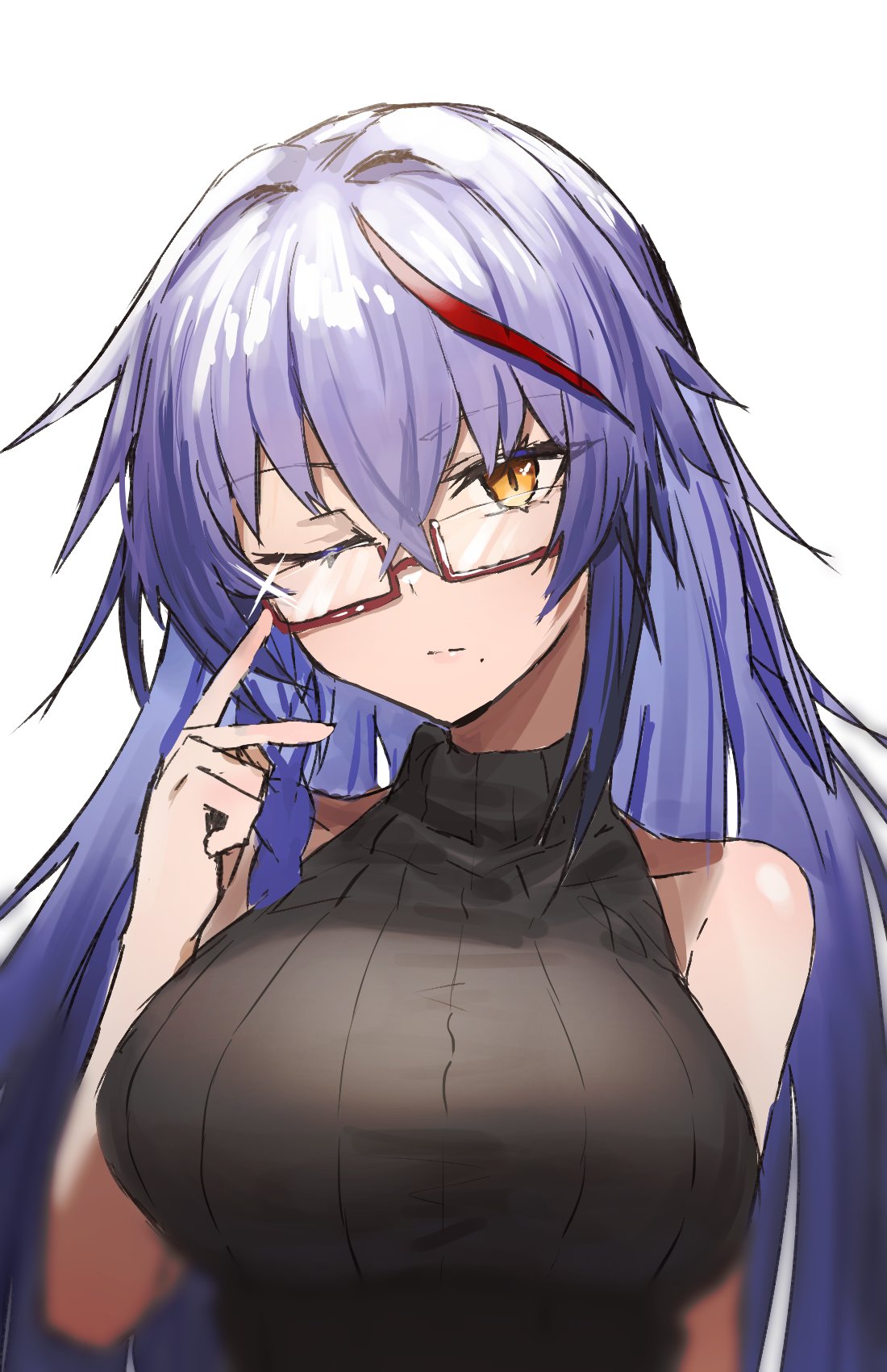 1girl adjusting_eyewear akafuyu_(arknights) alternate_costume arknights bare_arms bare_shoulders bespectacled black_sweater breasts closed_mouth collarbone commentary_request glasses glint highres large_breasts long_hair looking_at_viewer mole mole_under_mouth multicolored_hair orange_eyes purple_hair raw_egg_lent rectangular_eyewear red-framed_eyewear redhead semi-rimless_eyewear sleeveless sleeveless_sweater solo straight_hair streaked_hair sweater two-tone_hair under-rim_eyewear very_long_hair