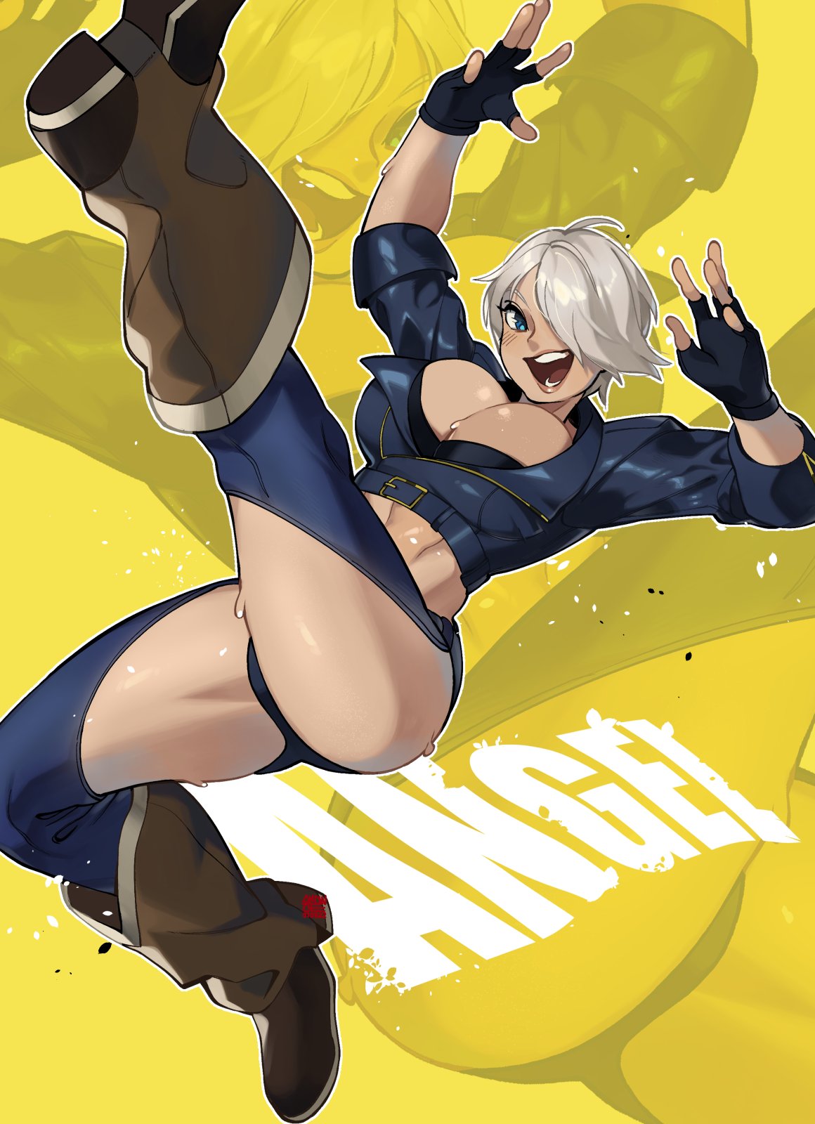1girl angel_(kof) backless_pants black_gloves blue_eyes boots breasts chaps cowboy_boots fingerless_gloves gloves high_kick highres jacket kicking large_breasts leather leather_jacket lips name_tag open_mouth pants romaji_commentary short_hair silver_hair sleeves_rolled_up snowcie teeth the_king_of_fighters the_king_of_fighters_xv toned yellow_background zoom_layer