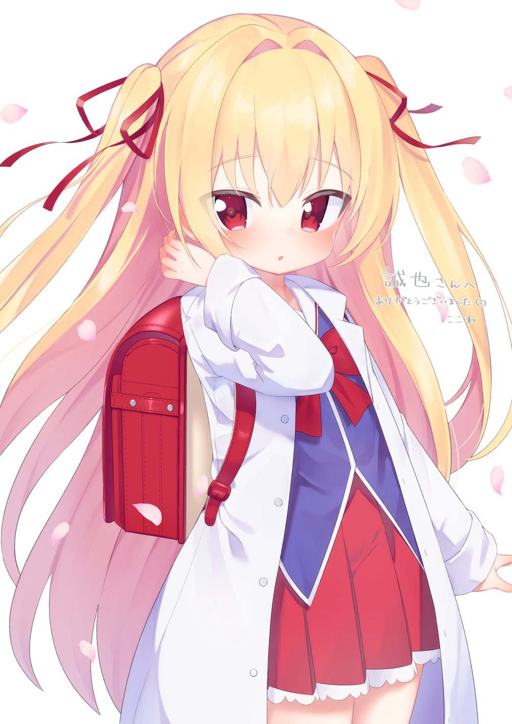 1girl :o backpack bag bangs blonde_hair blue_shirt blush bow commentary_request commission copyright_request eyebrows_visible_through_hair hair_between_eyes hair_intakes hair_ribbon hand_up highres irotoridori_no_sekai kokone_(coconeeeco) labcoat long_hair long_sleeves looking_at_viewer nikaidou_shinku open_clothes parted_lips petals pleated_skirt randoseru red_bow red_eyes red_ribbon red_skirt ribbon shirt simple_background skeb_commission skirt solo translation_request two_side_up very_long_hair white_background