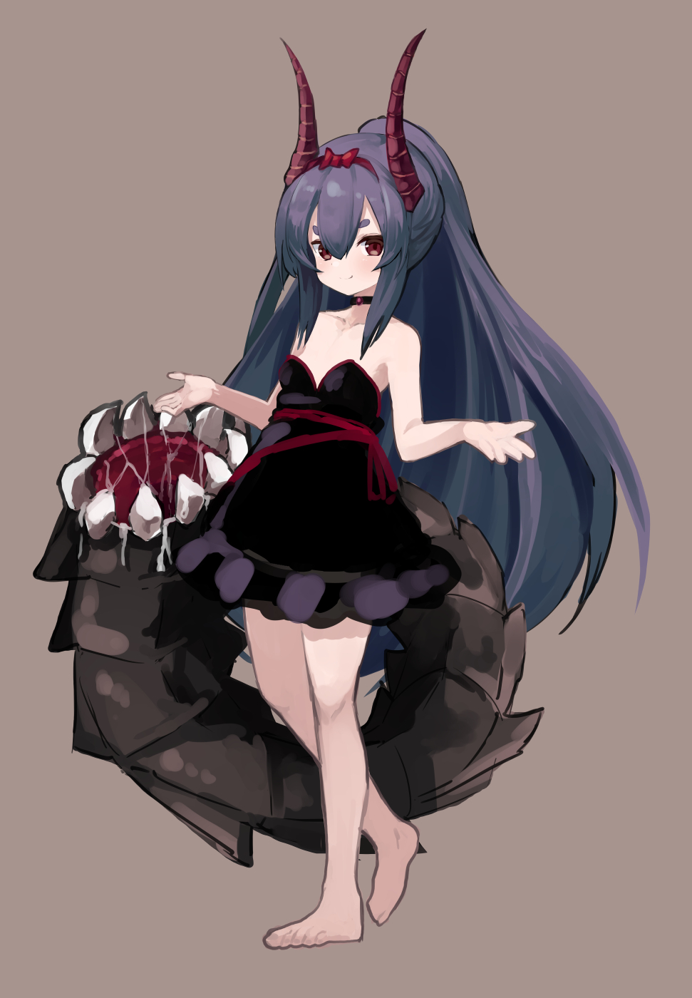 1girl bangs bare_shoulders barefoot black_dress black_hair bow brown_background closed_mouth collarbone dress full_body hair_between_eyes hair_bow hairband hands_up highres horns long_hair noa_(nagareboshi) original ponytail red_bow red_eyes red_hairband saliva sharp_teeth short_eyebrows sidelocks simple_background smile solo standing standing_on_one_leg strapless strapless_dress teeth thick_eyebrows very_long_hair white_background