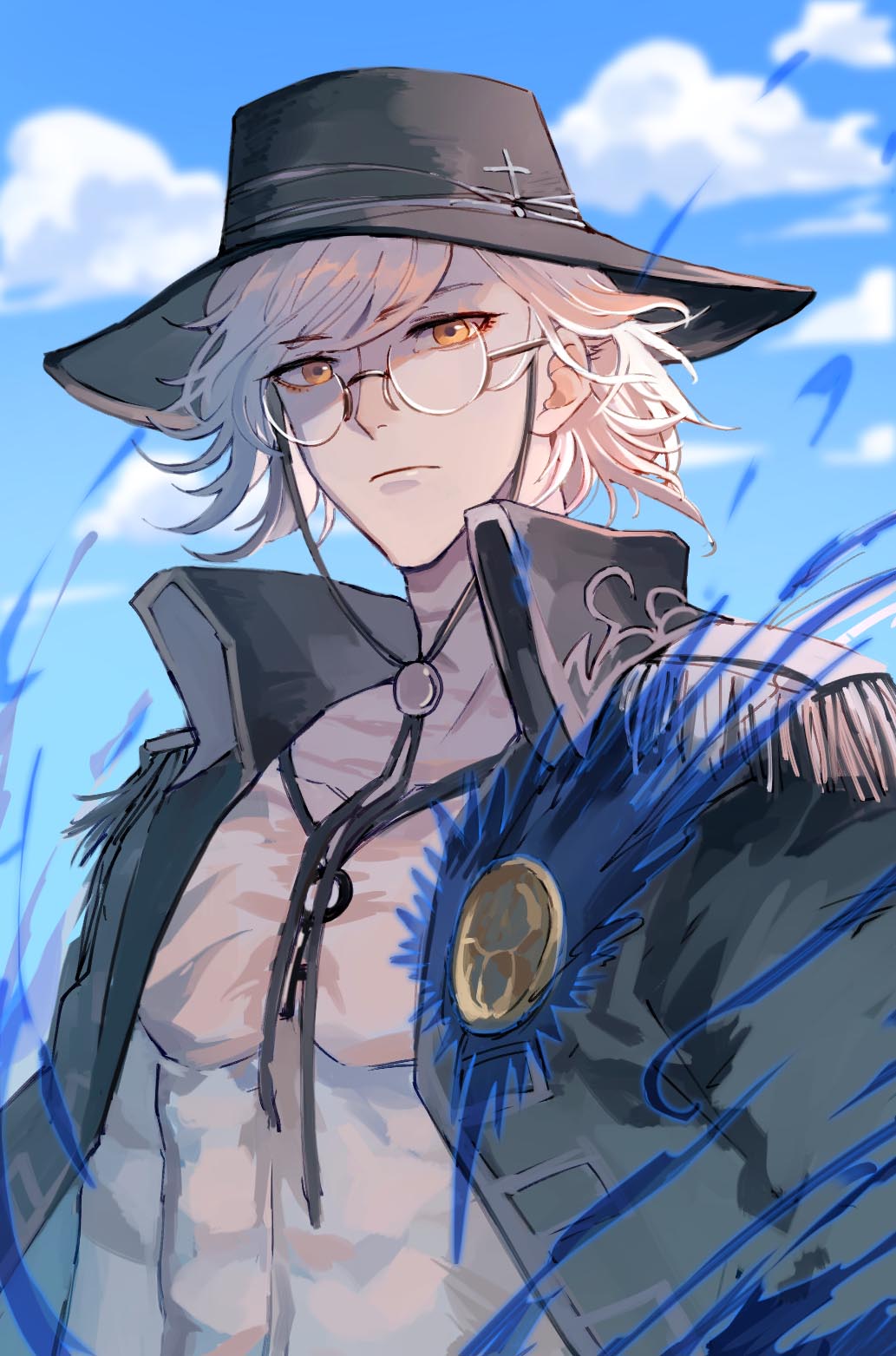 1boy :| chinese_commentary closed_mouth clouds edmond_dantes_(fate) edmond_dantes_(monte_cristo_selection)_(fate) expressionless fate/grand_order fate_(series) fedora glasses hat highres jacket jacket_on_shoulders jewelry looking_at_viewer lsuiany male_focus necklace pectorals scar silver_hair sky solo upper_body wavy_hair white_hair yellow_eyes
