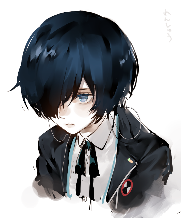 1boy black_jacket black_ribbon blue_eyes blue_hair closed_mouth collared_shirt cropped_torso hair_over_one_eye jacket lor_(roasyerizyonirapi) neck_ribbon open_clothes open_jacket persona persona_3 ribbon shirt short_hair simple_background solo upper_body white_background white_shirt wing_collar yuuki_makoto