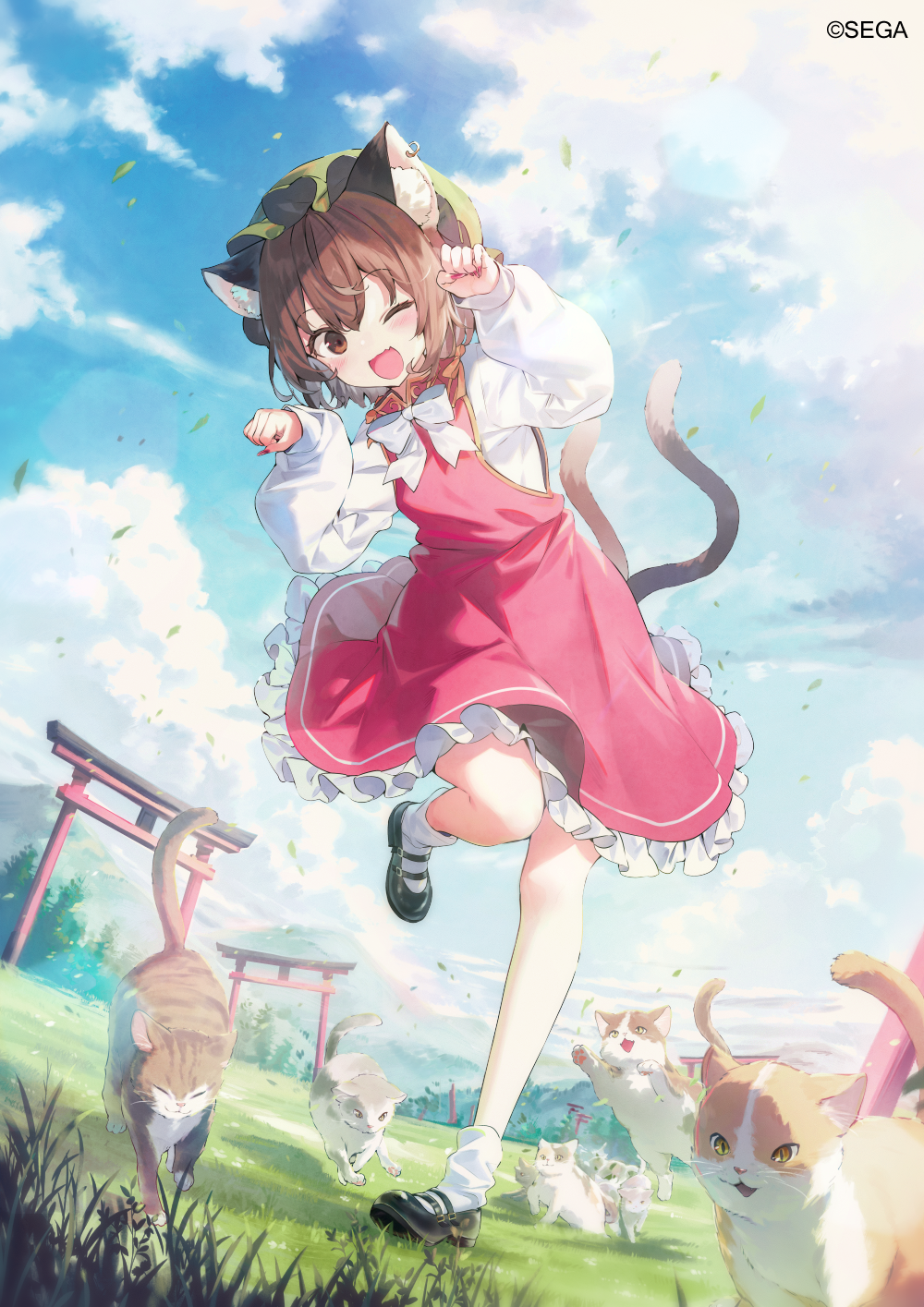 1girl ;d animal animal_ear_fluff animal_ears black_footwear blush brown_eyes brown_hair cat cat_ears cat_tail chen clouds cloudy_sky commentary_request day dress eyebrows_visible_through_hair fingernails full_body green_headwear hair_between_eyes hat highres long_fingernails long_sleeves md5_mismatch mob_cap multiple_tails nail_polish one_eye_closed open_mouth red_dress red_nails revision sharp_fingernails shirt shnva shoes short_hair sky smile socks solo tail torii touhou two_tails white_legwear white_shirt