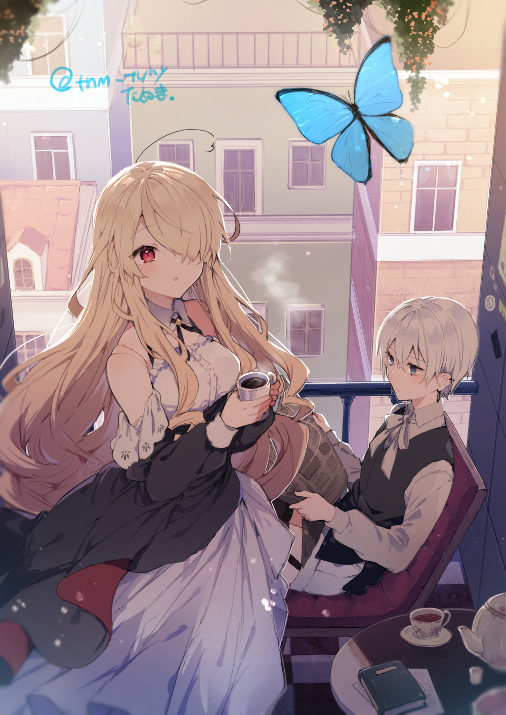 1boy 1girl ahoge awestruck balcony bare_shoulders blonde_hair blue_eyes blush book bow bowtie breasts bug building butterfly cityscape cleavage_cutout clothing_cutout coffee coffee_mug commentary cuffs cup curly_hair cushion day doll_joints dress dress_shirt edel_(ikeuchi_tanuma) garter_straps hair_over_one_eye hanging_plant highres holding holding_cup holding_newspaper ikeuchi_tanuma joints light_particles long_hair looking_at_animal medium_breasts mug newspaper open_mouth original otoko_no_ko outdoors paper plant plate red_eyes rooftop round_table rudy_(ikeuchi_tanuma) shadow shirt short_hair shorts sitting sleeveless sleeveless_dress standing steam tea teacup teapot thigh-highs waistcoat white_dress white_hair window