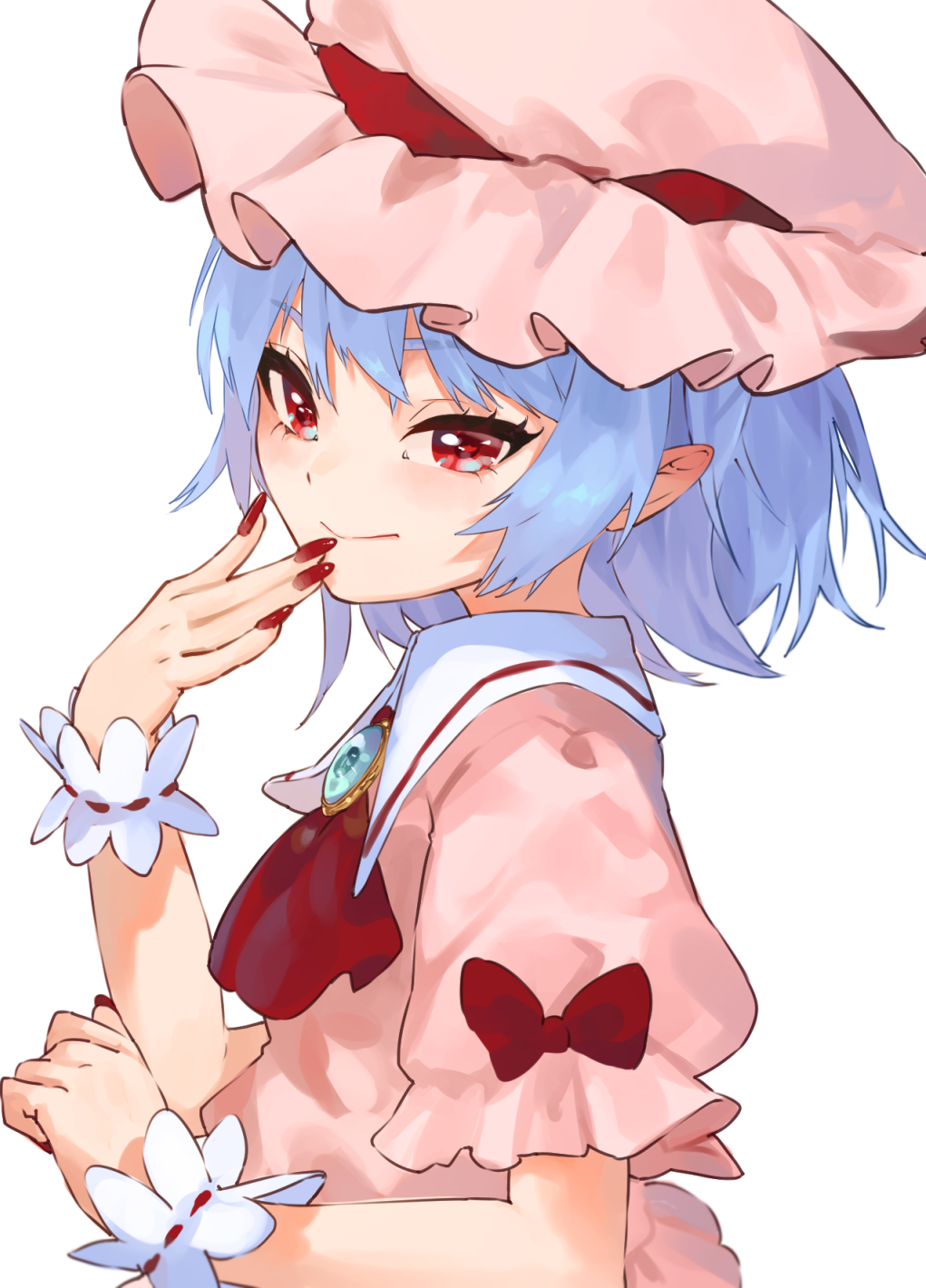 1girl ascot blue_hair bow brooch chishibuki_hiyoko closed_mouth flat_chest from_side hand_to_own_mouth hand_up hat highres jewelry light_blush light_smile looking_at_viewer medium_hair mob_cap nail_polish pink_headwear pink_shirt pointy_ears puffy_short_sleeves puffy_sleeves red_ascot red_bow red_eyes red_nails remilia_scarlet shirt short_sleeves simple_background solo touhou tsurime upper_body white_background wing_collar wrist_cuffs