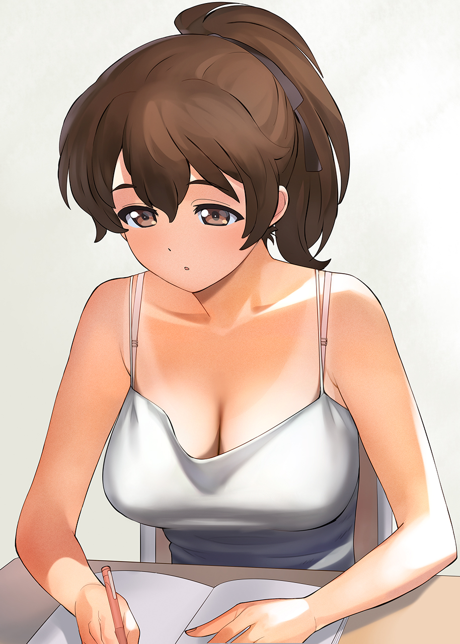 1girl a1 bangs bare_shoulders black_ribbon bra_strap breasts brown_eyes brown_hair camisole chair commentary dot_nose eyebrows_visible_through_hair foreshortening girls_und_panzer hair_between_eyes hair_ribbon high_ponytail highres holding koyama_yuzu large_breasts looking_down mechanical_pencil parted_lips pencil ribbon simple_background solo tan tanlines upper_body white_camisole