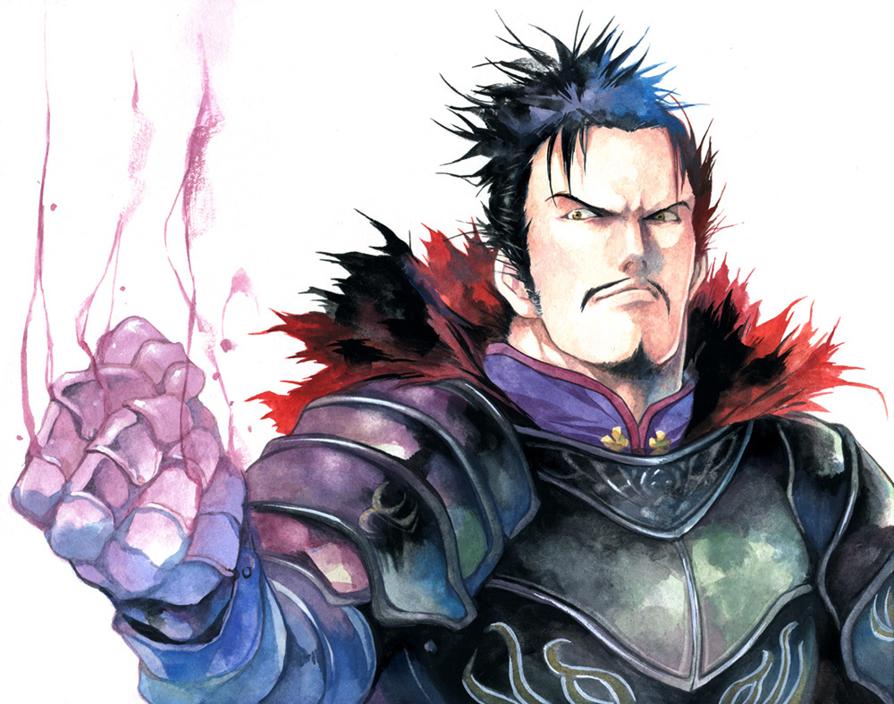1boy agahari armor black_hair breastplate clenched_hand closed_mouth commentary_request facial_hair furrowed_brow gauntlets goatee looking_at_hand male_focus mustache oda_nobunaga_(sengoku_musou) outstretched_arm pauldrons ponytail portrait sengoku_musou shoulder_armor simple_background smirk smoke solo torn_clothes white_background