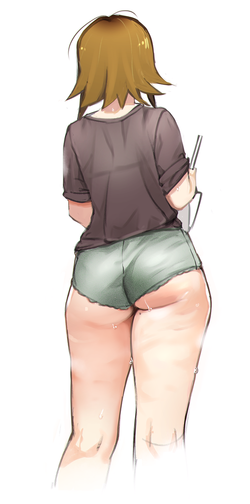 1girl ass black_shirt brown_hair commentary facing_away from_behind green_shorts k-on! keigi mole mole_on_thigh shirt short_hair short_shorts short_sleeves shorts simple_background solo standing sweat tainaka_ritsu thighs white_background