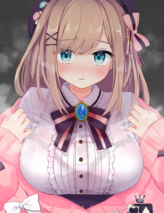 1girl :3 aqua_eyes bangs beret blush bow bowtie bra_visible_through_clothes bralines breasts brooch brown_hair cardigan center_frills closed_mouth festa11307070 frills hair_bow hair_ornament hat hat_pin jewelry large_breasts looking_at_viewer nijisanji pink_cardigan see-through shirt solo steaming_body suzuhara_lulu virtual_youtuber wet wet_clothes wet_shirt white_shirt x_hair_ornament
