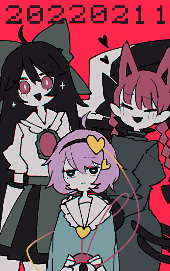 3girls :d ahoge animal_ears arm_cannon arms_at_sides bangs black_bow black_eyes black_hair black_hairband black_skirt black_wings blouse blue_blouse blunt_bangs blush bow braid bright_pupils buttons cape cat_ears cat_tail closed_eyes closed_mouth collared_shirt commentary cosmicmind dated dress extra_ears eyebrows_visible_through_hair feathered_wings frilled_shirt_collar frilled_sleeves frills frown green_bow green_dress green_skirt hair_between_eyes hair_bow hair_ornament hairband hands_on_another's_shoulders heart heart_button heart_hair_ornament height_difference kaenbyou_rin komeiji_satori long_hair long_sleeves looking_at_viewer multicolored_clothes multicolored_skirt multiple_girls multiple_tails nekomata one-hour_drawing_challenge open_mouth purple_hair red_background red_eyes redhead reiuji_utsuho shirt short_hair simple_background skirt smile sparkle tail third_eye touhou twin_braids two_tails very_long_hair weapon white_cape white_pupils white_shirt wings