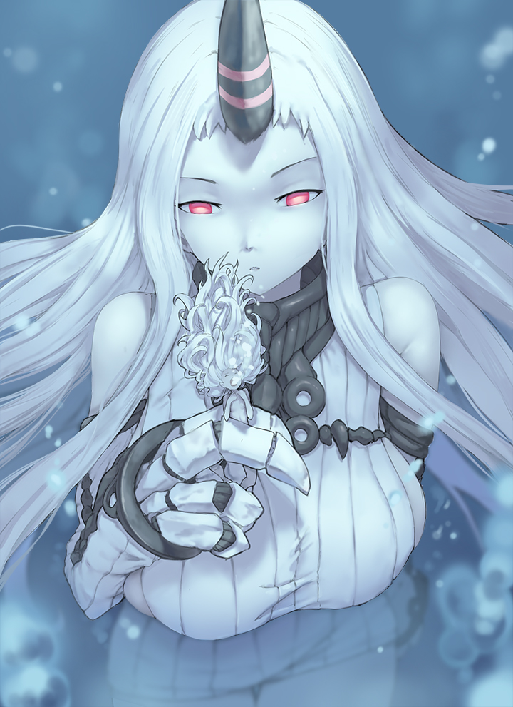 2girls abyssal_ship breasts claws colored_skin dress horns kantai_collection large_breasts long_hair minigirl multiple_girls pale_skin pink_eyes ribbed_dress rou_(rou22) seaport_princess single_horn underwater very_long_hair white_hair white_skin