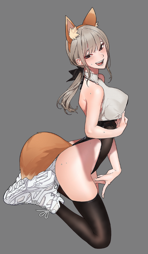 1girl animal_ears bangs bare_shoulders blush breasts covered_nipples eyebrows_visible_through_hair from_side full_body fur grey_background grey_hair jumping k52 large_breasts medium_hair open_mouth original ponytail shoelaces shoes simple_background sleeveless smile solo sweat tail teeth thigh-highs tongue white_footwear