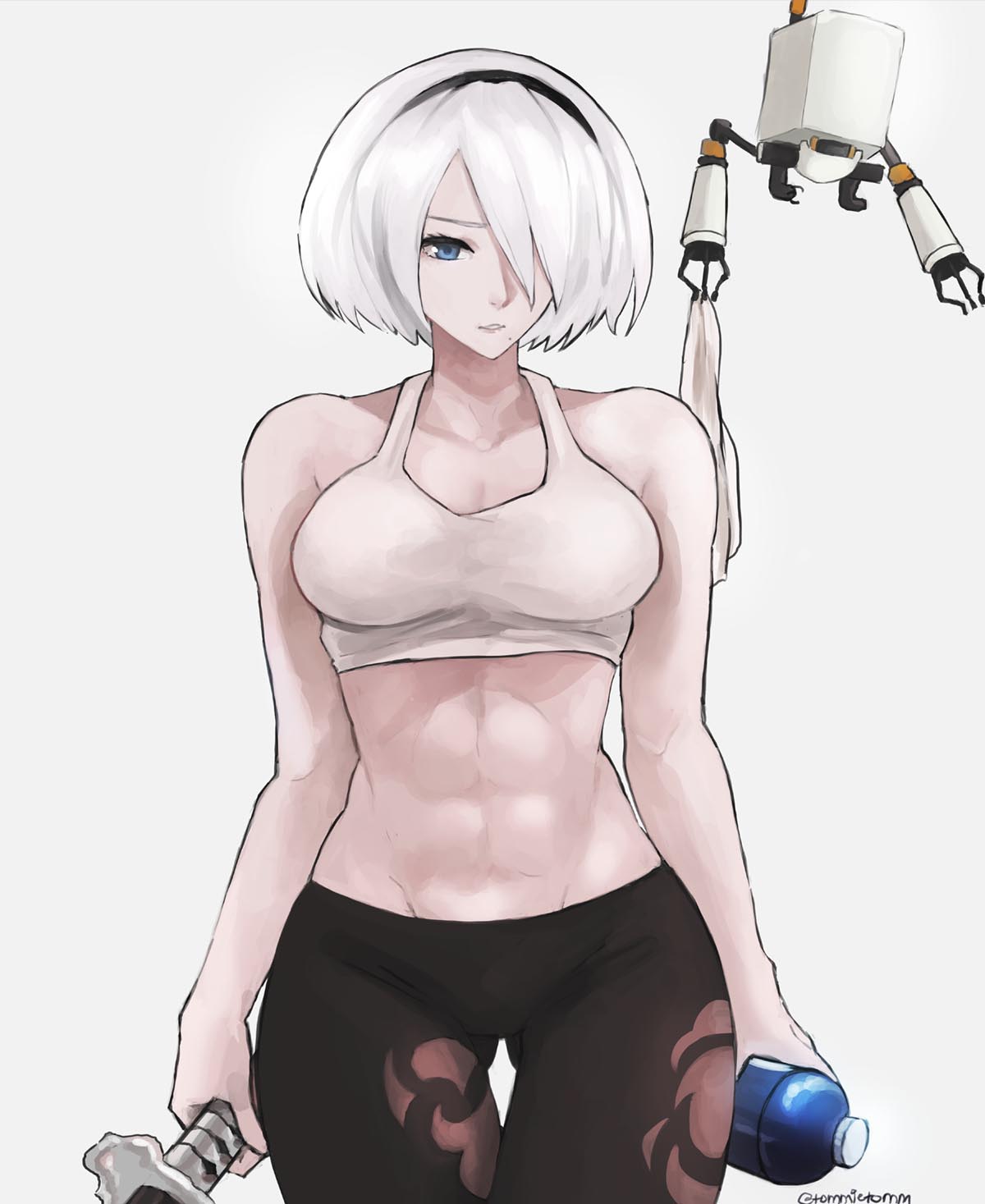 1girl abs android black_pants bottle cropped_legs english_commentary exercise hair_over_one_eye highres nier nier_(series) nier_automata pants pod_(nier_automata) robot shirt short_hair tank_top thighs tommy_(kingdukeee) towel training virtuous_contract water_bottle white_hair white_shirt white_tank_top yoga_pants yorha_no._2_type_b