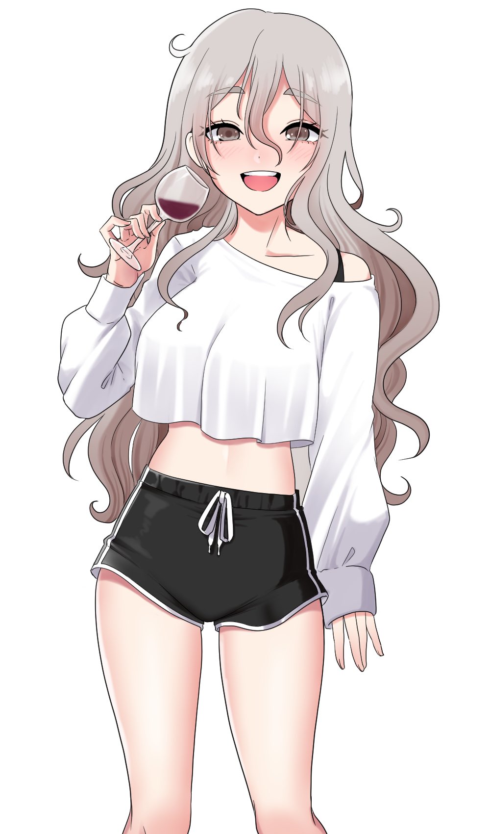 1girl alcohol alternate_costume bangs black_shorts blush breasts cup drinking_glass eyebrows_visible_through_hair grey_hair hair_between_eyes highres holding holding_cup kantai_collection long_hair long_sleeves looking_at_viewer medium_breasts open_mouth pola_(kancolle) shirt short_shorts shorts simple_background solo white_background white_shirt wine wine_glass yomogi_dango