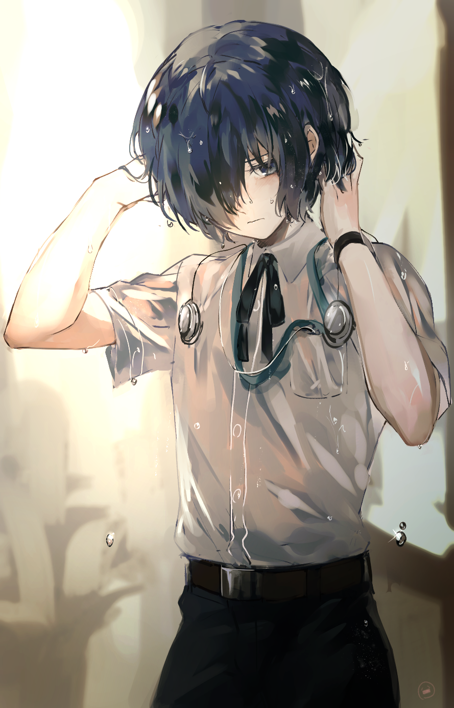 1boy belt black_belt black_pants black_ribbon blue_eyes blue_hair closed_mouth collared_shirt dress_shirt hair_over_one_eye hands_in_hair highres lor_(roasyerizyonirapi) neck_ribbon pants persona persona_3 ribbon shiny shiny_hair shirt short_hair short_sleeves solo standing wet wet_clothes wet_hair wet_shirt white_shirt wing_collar yuuki_makoto