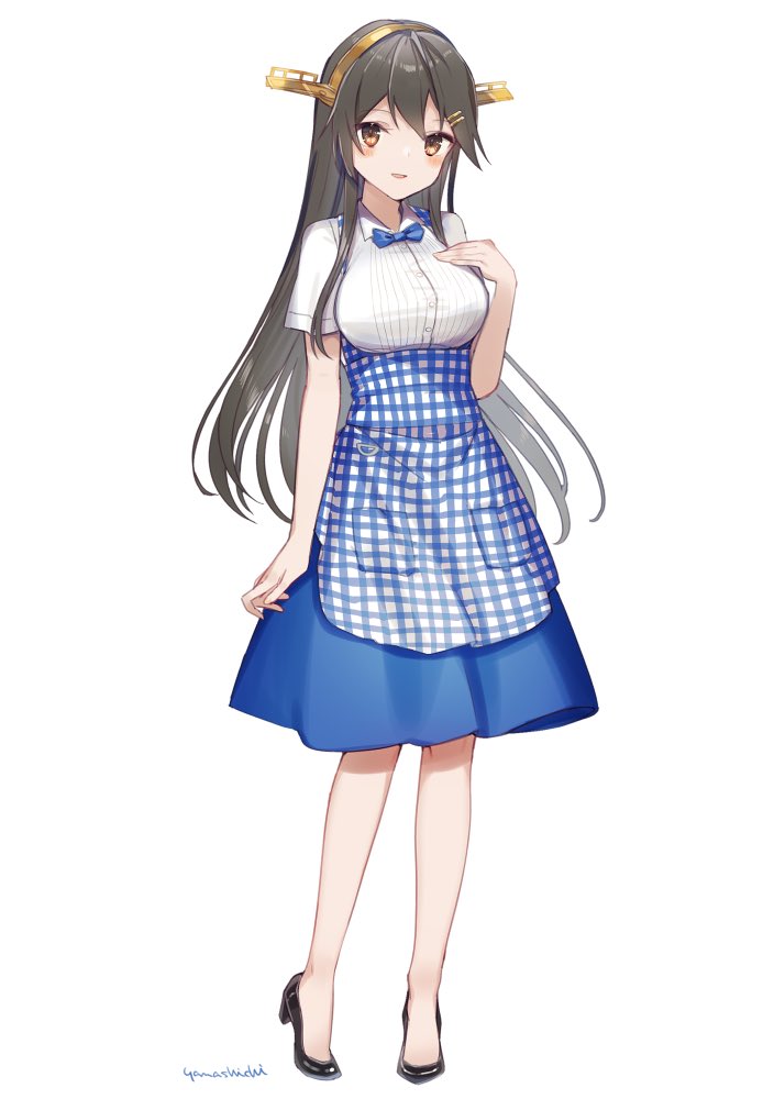 1girl apron black_footwear black_hair blue_apron blue_bow blue_bowtie blue_skirt bow bowtie brown_eyes checkered_apron employee_uniform full_body gingham gingham_apron hair_ornament hairband hairclip hand_on_own_chest haruna_(kancolle) headgear high-waist_skirt kantai_collection kobeya kobeya_uniform long_hair plaid plaid_apron pleated_shirt pumps simple_background skirt solo uniform waitress white_background yamashichi_(mtseven)