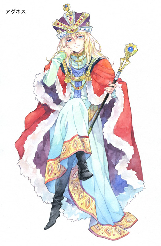 agahari androgynous aqua_robe bangs black_footwear blonde_hair blue_eyes boots cape character_request crossed_legs crown frown full_body fur-trimmed_cape fur_trim gem gender_request hand_up head_rest head_tilt holding holding_staff invisible_chair king long_hair long_sleeves looking_at_viewer lost_technology non-web_source red_cape robe royal_robe simple_background sitting solo staff standing white_background